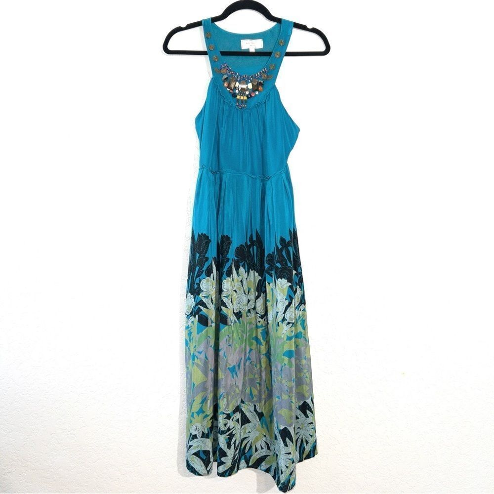 Moulinette Soeurs x Anthropologie Blue Island Nightfall Beaded Silk Dress Size 2